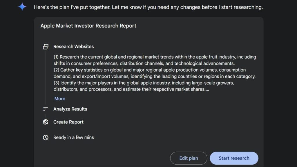 AI-generated research plan for an investor report.