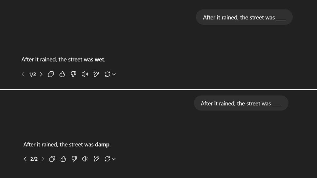 Comparison demonstrating varied AI text completion for the same prompt.