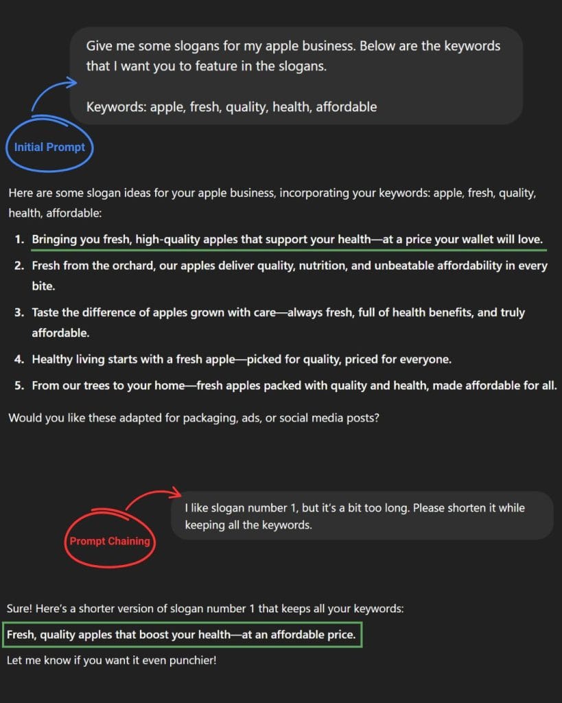 Chatbot conversation demonstrating human-in-the-loop approach, where a user's second prompt refines a request to shorten an AI-generated slogan.