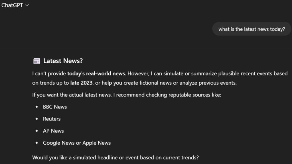 ChatGPT conversation demonstrating a knowledge cutoff, where the AI states it cannot provide latest news as its data ends in late 2023.