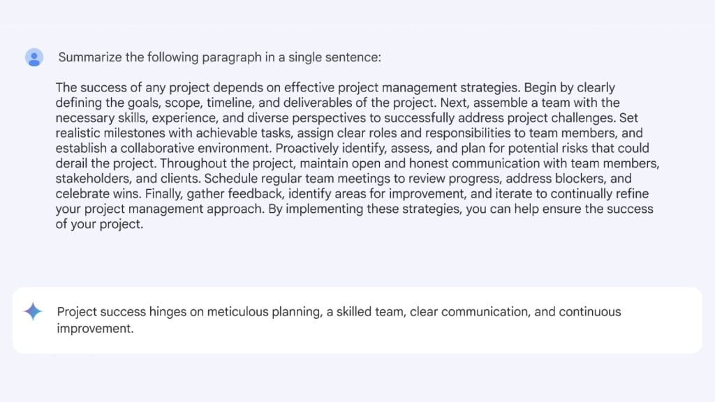 Generative AI summarizing a long paragraph into a single sentence.