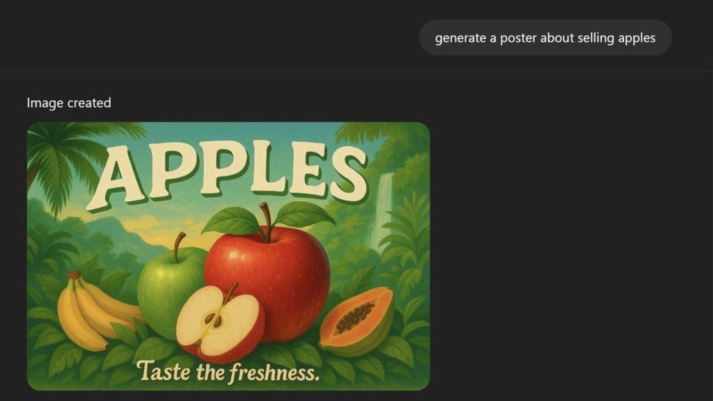 AI interface showing a poster generated from a simple prompt.