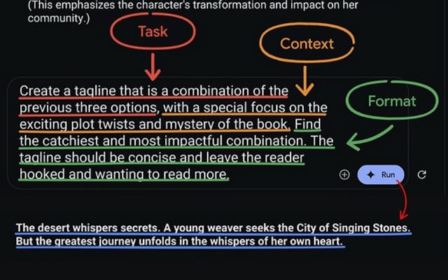 AI iteratively creating a book tagline; prompt requests a combination of previous options with specific focus and style.