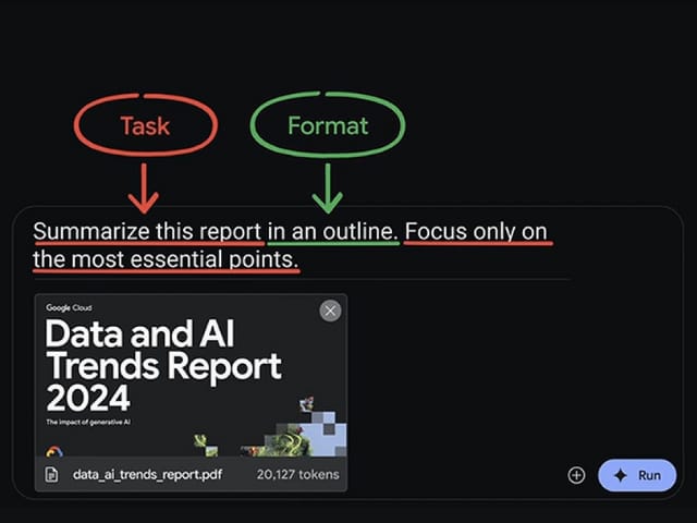 AI prompt demonstrating document summarization: 'Task' is to summarize an uploaded report, and 'Format' specifies an outline focusing on essential points.