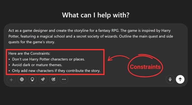 Illustrating the use of 'Constraints' in an AI prompt to guide game storyline generation, including rules on IP usage, thematic tone, and character development for a fantasy RPG.