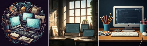 Triptych of AI-generated images depicting creative workspaces: stylized art station with multiple monitors (left), sunlit coder's desk (center), and modern designer's computer setup with art tools (right).