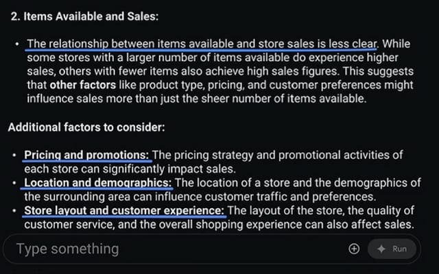AI output providing insights on store sales, detailing the impact of item availability and other factors such as pricing, location, and store layout.