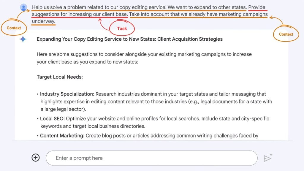 AI generating client acquisition strategies in response to a prompt.