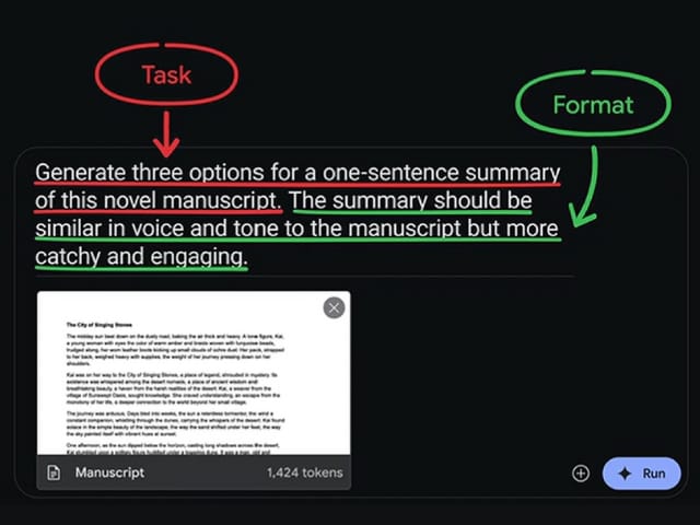 AI prompt summarizes an uploaded novel manuscript: 'Task' requests three one-sentence summary options, and 'Format' specifies a catchy, engaging tone similar to the original manuscript's voice.