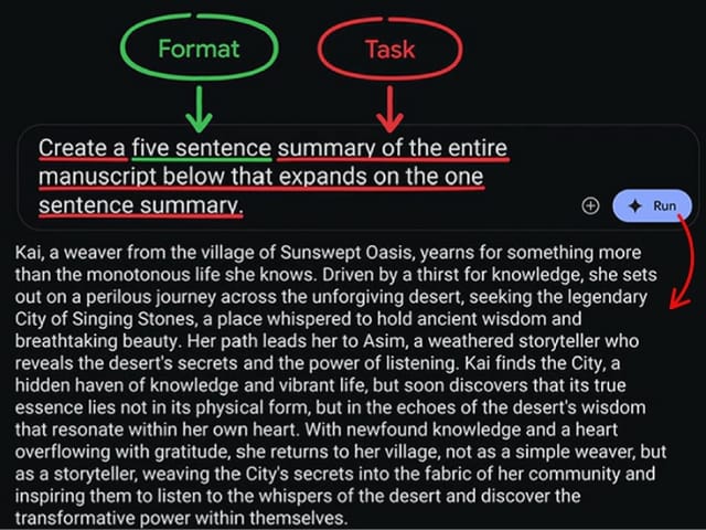 Prompting an AI for a multi-sentence summary of a given novel manuscript text, with specified 'Format' (five sentences) and 'Task' (expand on prior summary).