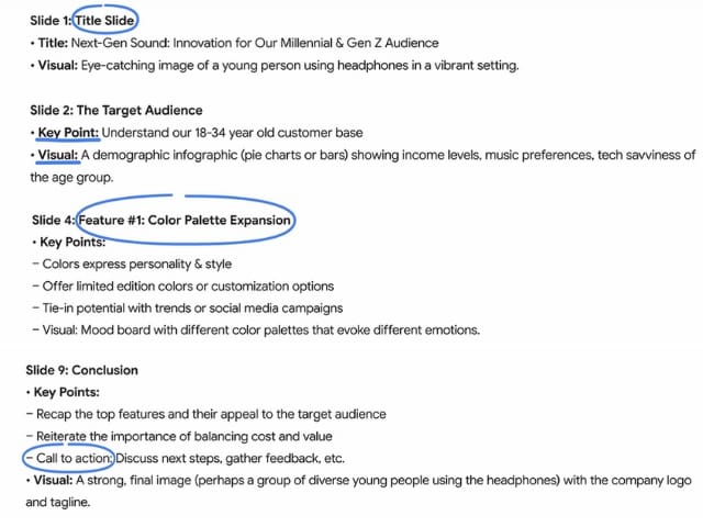 AI-generated presentation outline with key components highlighted: 'title slide', 'visual content suggestions', 'color palette expansion', and a 'call to action'.