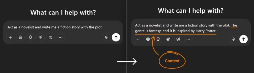 Side-by-side AI prompt comparison: left prompt has Persona and Task; right prompt enhances this by adding 'Context' like 'genre is fantasy, inspired by Harry Potter' for more tailored AI output.