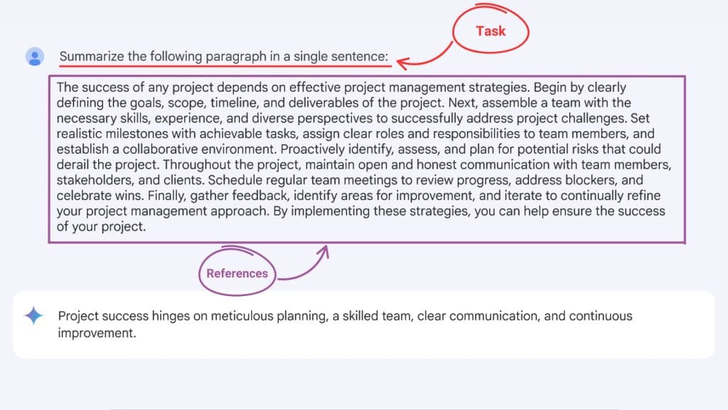 AI prompt labelled 'task' summarizing a long paragraph labelled 'references' into one sentence summary.