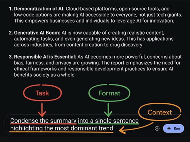 Example of iteratively refining AI-generated text, where a summary of AI trends is further condensed by a new prompt specifying Task, Format (single sentence), and Context (most dominant trend).