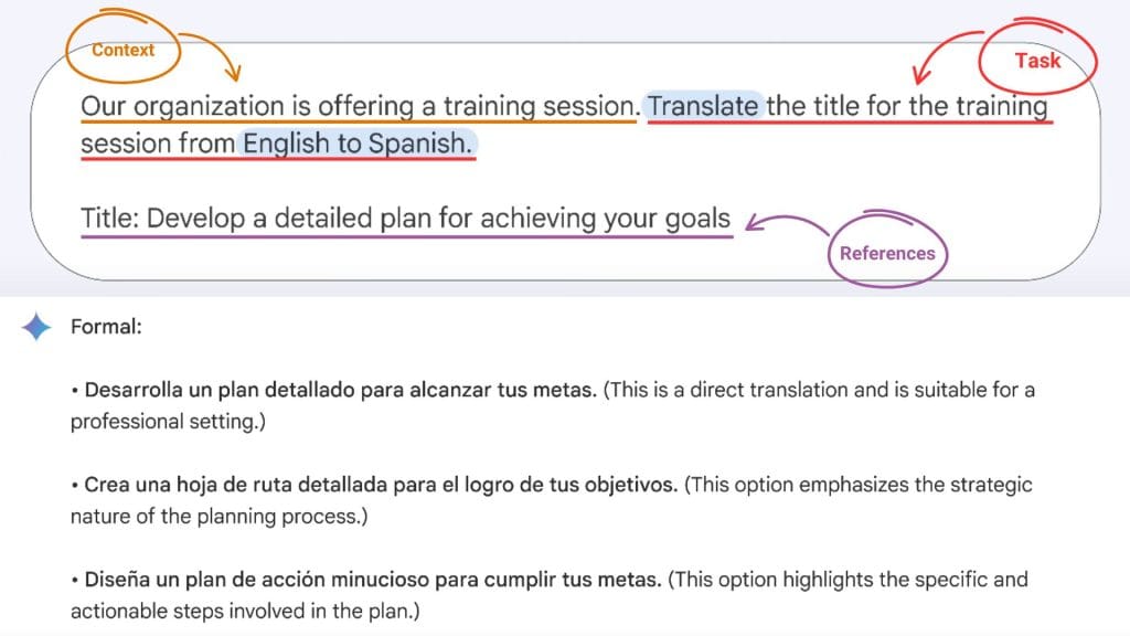 Generative AI providing three different Spanish translation options for an English phrase.