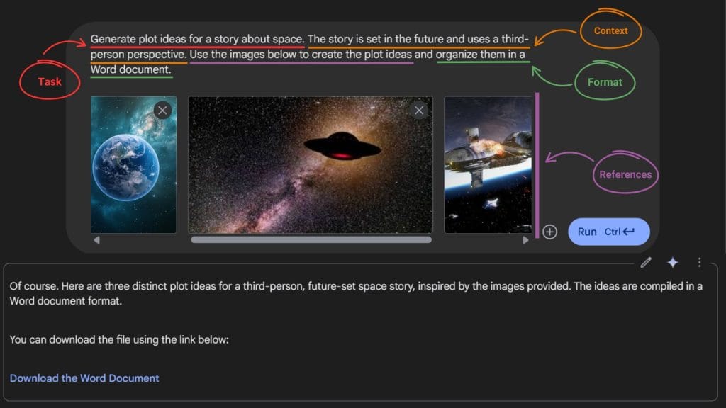 Multimodal prompt combining text and three space images to generate story ideas in a Word document format.