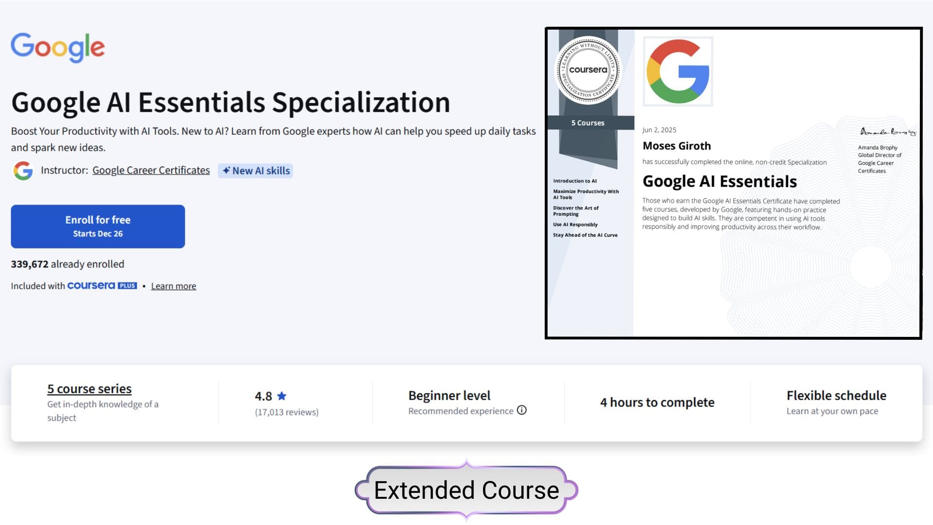 Google AI Essentials extended course on Coursera with a certificate for completing the course.
