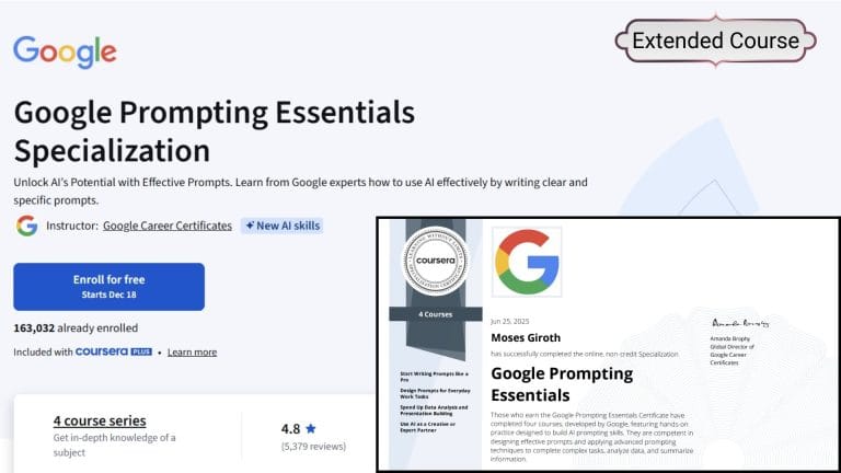 Google Prompting Essentials extended course on Coursera with a certificate for completing the course.