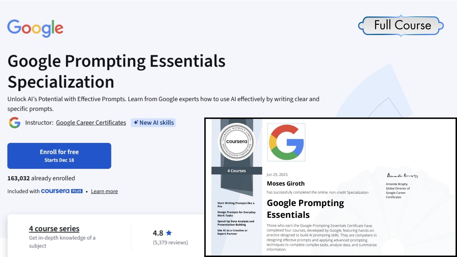 Google Prompting Essentials Specialization course page on Coursera with a certificate for completing the course.